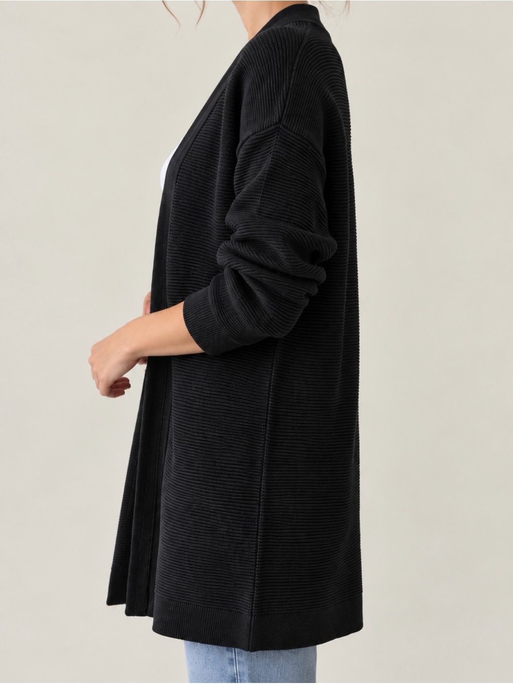 ZARA Black Long Ribbed Open-Front Cardigan - Picture 3 of 6